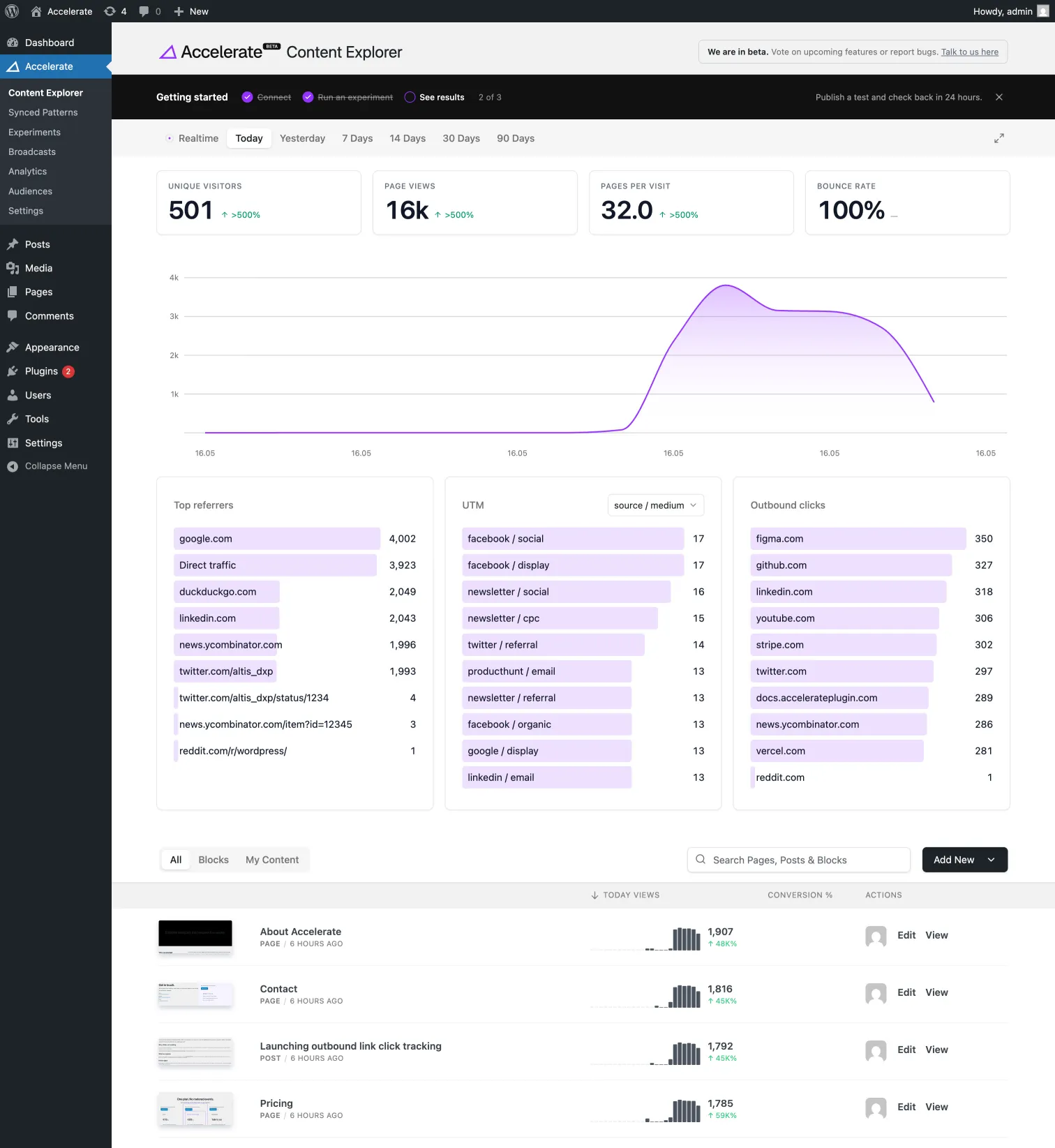 The redesigned Accelerate analytics dashboard, showing the unified timeframe selector, headline metrics with period-over-period deltas, the traffic chart, and Top referrers, UTM and Outbound clicks lists.